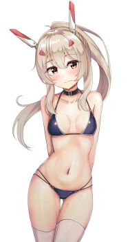 1girl arms_behind_back ayanami_(azur_lane) azur_lane bare_arms bare_shoulders benedia bikini black_bikini black_choker blush breasts breasts_apart brown_eyes brown_hair choker closed_mouth collarbone cowboy_shot female_focus gluteal_fold hair_ornament halterneck headgear highres long_hair looking_at_viewer navel ponytail retrofit_(azur_lane) simple_background small_breasts solo sweat swimsuit thigh_gap thighhighs wavy_mouth white_background white_thighhighs rating:Sensitive score:39 user:danbooru