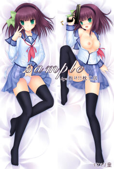  >:) 1girl angel_beats! bed_sheet beretta_92 black_thighhighs blue_sailor_collar blunt_bangs blush bow breasts breasts_out censored censored_by_text closed_mouth clothes_lift collarbone commentary_request dakemakura-koubou dakimakura_(medium) embarrassed feet full_body green_bow green_eyes gun hair_bow hairband hand_up handgun heart heart-shaped_pupils holding holding_gun holding_weapon lifting_own_clothes looking_at_viewer lying medium_breasts medium_hair miniskirt multiple_views nakamura_yuri neckerchief nipples no_bra no_panties no_shoes nose_blush nude on_back open_clothes open_mouth open_shirt panties partially_unbuttoned pink_neckerchief pleated_skirt purple_hair purple_hairband sailor_collar sailor_shirt sample_watermark shell_casing shinda_sekai_sensen_uniform shirt skirt skirt_lift smile smug straight_hair symbol-shaped_pupils thighhighs thighs toes underwear v v-shaped_eyebrows watermark weapon white_panties white_shirt zettai_ryouiki 