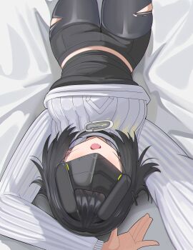  1girl absurdres arknights arknights:_endfield black_hair blindfold_mask breasts commentary endministrator_(arknights) english_commentary female_endministrator_(arknights) head-mounted_display highres large_breasts lying mask on_back open_mouth pantyhose solo spam_(spamham4506) torn_clothes torn_pantyhose 