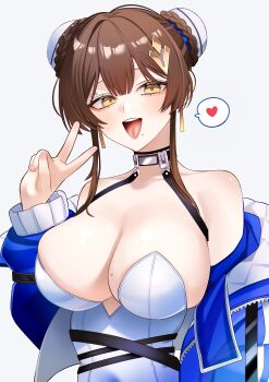  1girl absurdres bare_shoulders black_choker blue_jacket blush braid braided_bun breasts brown_hair bun_cover chaos_zero_nightmare choker cleavage commentary_request double_bun hair_bun heart highres jacket large_breasts looking_at_viewer mole mole_on_breast mole_under_mouth off_shoulder piercing sakuma_kou short_hair_with_long_locks solo strapless tongue_piercing undersized_breast_cup upper_body v yellow_eyes yuki_(chaos_zero_nightmare) 