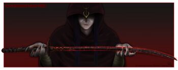  1girl black_background black_hair brown_cloak claws cloak commentary covering_face daedra english_commentary english_text foolish-hearts glowing glowing_sword glowing_weapon gradient_background holding holding_sword holding_weapon hood hood_up hooded_cloak katana long_hair mephala red_background sword the_ebony_blade_(katana) the_elder_scrolls the_elder_scrolls_v:_skyrim upper_body watermark weapon web_address 