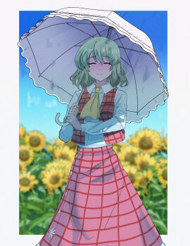  1girl ascot blue_sky clear_sky closed_eyes closed_mouth collared_shirt commentary_request cowboy_shot day field flower flower_field garden_of_the_sun gingham_skirt gingham_vest green_hair highres holding holding_umbrella kazami_yuuka long_sleeves open_clothes open_vest outside_border parasol red_skirt red_vest shirt short_hair skirt skirt_set sky smile solo sunflower touhou umbrella vest white_shirt white_umbrella yellow_ascot yellow_flower yet_you 