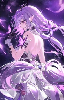  1girl absurdres bare_shoulders black_tiara breasts butterfly_earrings castorice_(honkai:_star_rail) commentary cowboy_shot dress earrings from_side gloves hand_up highres honkai:_star_rail honkai_(series) jewelry long_hair looking_at_viewer medium_breasts parted_lips pointy_ears purple_eyes purple_gloves purple_hair purple_theme shoulder_blades sicle solo tiara twitter_username watermark white_dress 