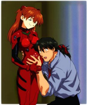  1boy 1girl age_difference amondetauro black_hair blue_shirt bodysuit breasts half_updo hetero highres interface_headset_(evangelion) kaji_ryouji low_ponytail mature_male necktie neon_genesis_evangelion orange_hair ponytail pregnant red_bodysuit red_necktie shirt small_breasts smile souryuu_asuka_langley  rating:Sensitive score:39 user:danbooru