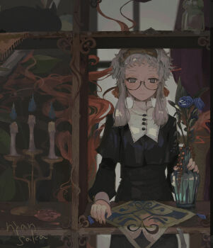  1girl artist_name bare_tree black_cat black_dress blue_fire blue_flower candelabra candle candlestand cat commentary cropped dress empty_eyes expressionless fire flower glasses grey_eyes grey_hair hairband highres holding_vase leaf long_dress long_sleeves looking_at_viewer medium_hair nyannsaka original puritan_collar round_eyewear semi-rimless_eyewear shelf solo standing symbol-only_commentary table tree under-rim_eyewear vase 