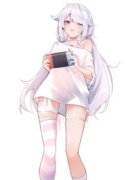  1girl absurdres airenif asymmetrical_legwear chest_jewel commentary english_commentary gem gradient_hair grey_hair hair_flaps hair_over_one_eye handheld_game_console highres holding holding_handheld_game_console hololive hololive_english jewel_under_eye koseki_bijou koseki_bijou_(pebble_pajamas) long_hair looking_at_viewer low_twintails multicolored_hair no_pants official_alternate_costume open_mouth panties pink_hair print_shirt purple_eyes purple_gem shirt simple_background single_off_shoulder single_thighhigh socks solo standing striped_clothes striped_thighhighs t-shirt thigh_strap thighhighs twintails underwear uneven_legwear very_long_hair virtual_youtuber white_background white_panties white_shirt white_socks white_thighhighs 