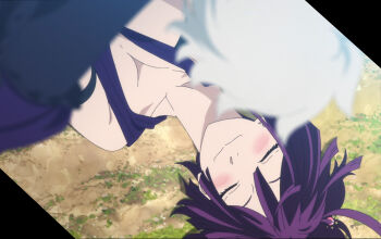 1boy 1girl boy_on_top breasts cleavage closed_eyes collarbone jigokuraku purple_hair stitched third-party_edit yuzuriha_(jigokuraku)