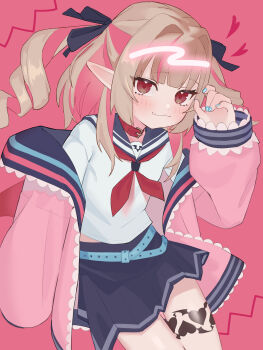  1girl absurdres black_bow black_sailor_collar black_skirt blue_nails blush bow brown_hair closed_mouth collar commentary fang hair_bow hashtag-only_commentary heart heart_in_eye highres jacket leg_tattoo looking_at_viewer makaino_ririmu makaino_ririmu_(4th_costume) multicolored_hair neckerchief nijisanji okaki8130 open_clothes open_jacket pink_background pink_hair pink_jacket pointy_ears red_collar red_eyes red_neckerchief sailor_collar school_uniform serafuku shirt skin_fang skirt solo symbol_in_eye tattoo two-tone_hair virtual_youtuber white_shirt 