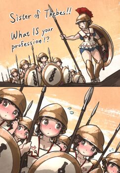  300_(movie) 6+girls ancient_greek_clothes army blush breasts cleavage english_text greco-roman_clothes greek_armor greek_helmet highres holding holding_polearm holding_weapon hoplite ironlily multiple_girls original parody polearm shield smile spear weapon 