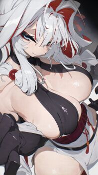  1girl blue_eyes breasts commentary_request commission dress eyeliner hair_intakes hair_ornament halter_dress halterneck hata4564 highres large_breasts long_hair long_sidelocks looking_at_viewer makeup multicolored_hair original red_eyeliner red_hair red_sash revealing_clothes sash sidelocks skeb_commission solo sweat white_dress white_hair 