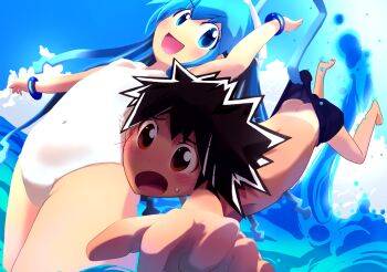  1boy 1girl aizawa_takeru blue_eyes cameltoe covered_erect_nipples ikamusume kaburaya_seiden one-piece_swimsuit open_mouth shinryaku!_ikamusume swimsuit white_one-piece_swimsuit  rating:Questionable score:18 user:lamah