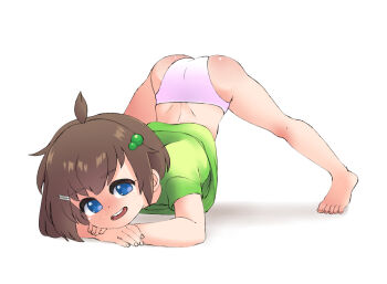  1girl ahoge ass barefoot blue_eyes blush brown_hair clothes_lift female_focus fingernails freckles full_body green_hair_ornament green_shirt hair_ornament hairpin indie_virtual_youtuber jack-o'_challenge knees legs_apart lily_hopkins loli looking_at_viewer open_mouth panties pink_panties shirt shirt_lift simple_background spine toes tongue underwear upper_body virtual_youtuber white_background yokappa_(jokappa)  rating:Questionable score:353 user:VampireQueenDespair