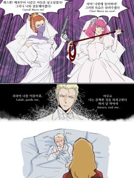  1boy 3girls artist_name blonde_hair bride brown_hair ccabuster char's_counterattack char_aznable commentary_request dress elbow_gloves english_text gloves gun gundam haman_karn hand_on_own_hip highres holding holding_gun holding_weapon korean_commentary korean_text kycilia_zabi long_hair lying mixed-language_text mobile_suit_gundam multiple_girls nanai_miguel pink_hair sakakibara_yoshiko short_hair speech_bubble translation_request twitter_username voice_actor_connection weapon white_dress zeta_gundam 