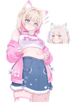 2girls animal_ears belly_grab blonde_hair blue_eyes blue_skirt blush braid breasts camisole clothes_writing collar commentary_request crop_top denim denim_skirt dog_ears dog_girl extra_ears frilled_camisole frilled_straps frills fuwawa_abyssgard hair_ornament highres hololive hololive_english jacket kei_(keiillustrator) miniskirt mococo_abyssgard mococo_abyssgard_(casual) multiple_girls navel official_alternate_costume official_alternate_hairstyle pink_collar pink_jacket pink_streaks pout short_hair siblings side_braids simple_background single_thighhigh sisters skirt small_breasts solo_focus stomach thighhighs twins two_side_up virtual_youtuber weight_conscious white_background white_camisole white_thighhighs x_hair_ornament 