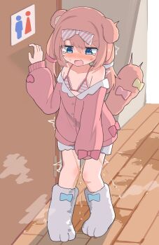  1girl absurdres blue_eyes blush bow bra chromu commission embarrassed flat_chest highres himitsushiba indie_virtual_youtuber long_hair long_sleeves nose_blush open_mouth paw_shoes pee peeing peeing_self pink_bow pink_bra pink_hair puddle puffy_long_sleeves puffy_sleeves restroom_symbol second-party_source skeb_commission striped_bow striped_bra striped_clothes tearing_up tears underwear virtual_youtuber wavy_mouth wooden_floor 