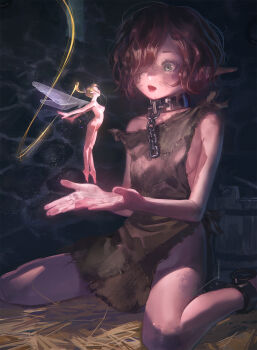  1=2 2girls blonde_hair bound bound_legs breasts brown_hair chain collar commentary commission cuffs elf english_commentary fairy fantasy green_eyes highres loli long_hair looking_at_another metal_collar mini_person minigirl mixed-language_commentary multiple_girls nude open_mouth original pointy_ears rags shackles short_hair slave small_breasts very_long_hair 