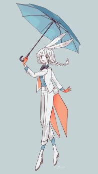  1girl animal_ears black_bow black_bowtie blue_socks blue_umbrella bow bowtie braid braided_ponytail commentary_request dated formal_clothes full_body gloves green_background green_shirt hand_up high_heels highres holding holding_umbrella limo_nine long_hair looking_to_the_side open_mouth original pants ponytail rabbit_ears rabbit_girl rabbit_tail red_gloves shirt shoes signature simple_background single_braid socks solo standing suit swept_bangs tail tailcoat umbrella white_hair white_pants white_shoes white_suit white_tailcoat 