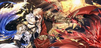  2boys absurdres antenna_hair arm_tattoo armlet armor armored_boots black_choker black_coat black_pants black_shirt blonde_hair blood blue_cape blue_eyes boots braid cape chest_tattoo choker clawed_gauntlets coat commentary crystal earrings english_commentary facial_tattoo floating_cape gold_earrings gold_necklace gradient_hair halo halo_behind_head highres honkai:_star_rail honkai_(series) jewelry male_focus medium_hair multicolored_hair multiple_boys mydei_(honkai:_star_rail) neck_tattoo necklace open_clothes open_coat pants parted_bangs pauldrons phainon_(honkai:_star_rail) porlarisart red_cape red_hair red_tattoo shirt short_hair shoulder_armor side_braid side_cape single_pauldron sun_symbol sun_tattoo tan tattoo white_coat white_hair yaoi yellow_blood yellow_eyes 