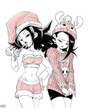 2girls absurdres antlers arm_at_side bandeau caulifla christmas closed_mouth commentary dragon_ball dragon_ball_super earrings english_commentary full_body fur_trim half-closed_eyes hand_up hat highres horns jewelry kale kale_(dragon_ball) looking_at_viewer midriff monochrome multiple_girls navel open_mouth reindeer_antlers roub3d santa_hat screentones shorts simple_background standing strapless sweater tube_top ugly_sweater white_background