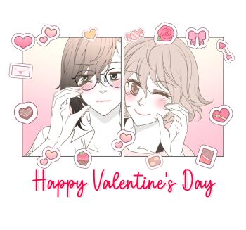  arrow_(symbol) averting_eyes blush bow candy chocolate chocolate_heart closed_mouth collared_shirt envelope flower food fruit glasses hand_up happy_valentine heart heart-shaped_food heart_cheeks highres looking_at_viewer love_my_boss_wife nik_(love_my_boss_wife) one_eye_closed phurisa_(love_my_boss_wife) pink_bow pink_flower pink_rose ratana_satis rose shirt short_hair smile strawberry wing_collar 