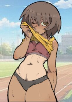  azumanga_daiou blush brown_eyes brown_hair buruma clothes_lift female_pubic_hair highres kagura_(azumanga_daioh) navel navel_hair one_eye_closed pantsu-ripper pubic_hair shirt_lift short_hair sports_bra sweat tagme tan tanline track_suit 