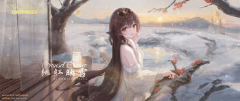  1girl alternate_costume artist_name brown_hair commentary dated dress english_text eyewear_on_head flower-shaped_pupils from_behind from_side genshin_impact hair_between_eyes hand_up highres hu_tao_(genshin_impact) long_hair long_sleeves looking_at_viewer looking_to_the_side outdoors parted_lips red-tinted_eyewear red_eyes snow solo symbol-shaped_pupils tinted_eyewear untranslatable_commentary very_long_hair watermark wboss web_address white_dress yellow-framed_eyewear 