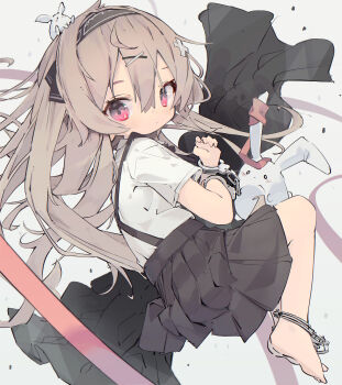  1girl absurdres animal ankle_cuffs barefoot black_skirt blush brown_hair closed_mouth commentary cuffs dated_commentary double-parted_bangs from_side full_body hair_between_eyes hair_ornament hairband handcuffs highres long_hair looking_at_viewer nep_(nep_76) original pink_eyes pleated_skirt rabbit red_hairband shirt short_sleeves simple_background skirt solo suspender_skirt suspenders white_background white_shirt x_hair_ornament 