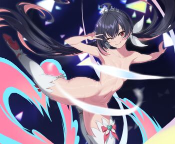  ahoge alternate_costume black_hair breasts commentary_request convenient_censoring counter:side floating_hair highres leg_up long_hair looking_at_viewer low_twintails multicolored_hair nude one_eye_closed pink_hair pink_shoes red_eyes rosaria_le_friede shoes small_breasts smile streaked_hair thighhighs tiara twintails v wangjook_(wj) white_thighhighs 