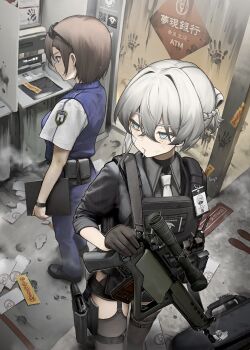  +_+ 2girls absurdres ammunition_pouch assault_rifle black_gloves black_thighhighs blazer blue_eyes breasts bulletproof_vest garter_straps gloves grey_hair gun handgun highres holding holding_weapon jacket magazine_(weapon) medium_hair multiple_girls original pouch rifle seallllion sig_sg550 skindentation small_breasts standing tactical_clothes tell_(vrchat) thigh_pouch thighhighs walkie-talkie weapon 