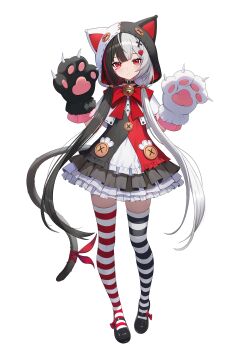  1girl absurdres alternate_costume animal_hood black_choker black_dress black_hair black_thighhighs cat_hood choker closed_mouth commentary_request dress frilled_dress frills highres hood hood_up lacrimosa_(neverness_to_everness) long_hair looking_at_viewer low_twintails melreon multicolored_hair neverness_to_everness red_streaks red_thighhighs solo split-color_hair streaked_hair striped_clothes striped_thighhighs thighhighs twintails very_long_hair white_hair white_thighhighs  rating:General score:6 user:danbooru
