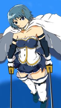  1girl bare_shoulders blue_background blue_boots blue_eyes blue_hair blue_skirt blue_sleeves boots breasts cape cleavage collarbone commentary_request darkmangomania detached_sleeves dual_wielding fortissimo frilled_shirt frills gloves hair_ornament highres holding looking_at_viewer magical_girl mahou_shoujo_madoka_magica mahou_shoujo_madoka_magica:_hangyaku_no_monogatari medium_breasts miki_sayaka musical_note musical_note_hair_ornament saber_(weapon) shirt skirt solo sword thighhighs thighs weapon white_cape white_gloves white_thighhighs 