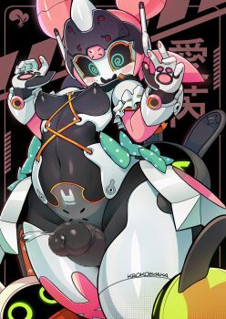  1boy 1girl @_@ aria_(zenless_zone_zero) arm_garter artist_name bangboo_(zenless_zone_zero) black_background black_sclera blush bow breasts censored colored_sclera commentary commentary_request cowboy_shot english_commentary erection green_bow green_eyes hands_up highres humanoid_robot krokobyaka mixed-language_commentary mosaic_censoring navel nipples open_mouth penis polka_dot polka_dot_bow precum robot robot_girl small_breasts thigh_sex zenless_zone_zero 