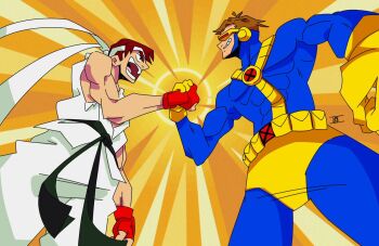  2boys belt black_hair capcom crossover cyclops_(x-men) gloves grin hand_shake handshake headband looking_at_another male_focus marvel marvel_vs._capcom multiple_boys open_mouth red_eyes red_hair ryu_(street_fighter) scott_summers smile smug spandex standing street_fighter street_fighter_zero street_fighter_zero_(series) x-men x-men_vs._street_fighter 