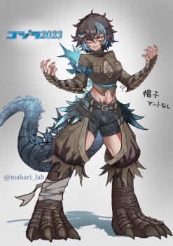 1girl 2023 absurdres angry animal_feet animal_legs artist_name baggy_pants bandaged_ankle bandaged_breasts bandaged_chest bandaged_leg bandages belt_buckle blue_hair buckle chaps character_name choker clothing_cutout copyright_name cosplay crotch_cutout denim denim_shorts dinosaur_feet dinosaur_girl dinosaur_legs dinosaur_tail facial_scar flame_print genderswap genderswap_(mtf) glowing glowing_spikes godzilla godzilla_(cosplay) godzilla_(series) godzilla_minus_one grey_hair highres japanese_clothes japanese_text kaiju long_hair mahari_lab military_uniform monster_girl multicolored_hair open_clothes open_shirt pants personification pointy_ears ribbon scar scar_on_cheek scar_on_face scar_on_stomach shadow sharp_teeth shorts simple_background slit_pupils spikes streaked_hair tail teeth toho_(movie_company) torn_clothes torn_pants two-tone_hair unbuttoned unbuttoned_shirt variant_set