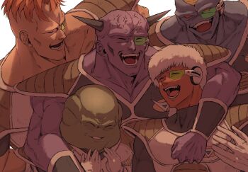  5boys blue_skin burter captain_ginyu closed_eyes colored_skin dragon_ball dragonball_z ginyu_force green_skin group_picture guldo highres horns jann_(jannillust) jeice male_focus multiple_boys orange_hair purple_skin recoome red_skin scouter simple_background upper_body white_background white_hair 