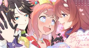  3girls agnes_digital_(umamusume) animal_ears black_gloves black_hair blood blue_eyes blush brown_hair character_name commentary_request fuji_kiseki_(umamusume) girl_sandwich gloves heart highres holding_hands horse_ears interlocked_fingers jewelry korean_commentary looking_at_another multicolored_hair multiple_girls necklace nosebleed pearl_necklace pink_hair sandwiched smile super_creek_(umamusume) two-tone_hair umamusume upper_body white_hair yuri 