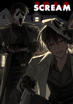  2boys backlighting black_coat black_gloves black_hair black_shirt blood blood_on_clothes blood_on_mask bloody_knife building coat collared_shirt commentary copyright_name cosplay english_commentary ghostface ghostface_(cosplay) gloves grin highres holding holding_knife holding_mask house keomikan kim_dokja knife looking_at_viewer male_focus mask multiple_boys omniscient_reader's_viewpoint open_clothes open_coat outdoors popped_collar scream_(movie) shirt short_hair smile squatting white_coat yoo_joonghyuk 