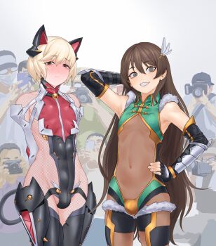  2boys absurdres androgynous animal_ears arms_behind_back baseball_cap black_hair black_leotard blonde_hair blush brown_eyes brown_hair bulge camera cat_boy cat_ears closed_mouth cosplay covered_navel crowd embarrassed fake_animal_ears gauntlets hand_on_own_hip hat highleg highleg_leotard highres holding holding_camera homare_nao homare_nao_(cosplay) leotard long_hair looking_at_another looking_at_viewer mashima_jirou mask mouth_mask multiple_boys nipples revealing_clothes see-through_clothes see-through_legwear short_hair simple_background smile standing taimanin_(series) taimanin_rpgx taimanin_suit teeth thighhighs trap uehara_shikanosuke uehara_shikanosuke_(cosplay) very_long_hair wide_hips  rating:Sensitive score:195 user:danbooru