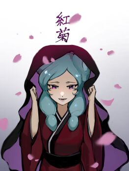  1girl aqua_hair beta_(inazuma_eleven) black_veil commentary double_bun hair_bun highres inazuma_eleven_(series) inazuma_eleven_go inazuma_eleven_go_chrono_stone japanese_clothes kimono long_hair nakamasa21 parted_lips petals purple_eyes red_kimono smile solo translated upper_body veil  rating:General score:1 user:danbooru