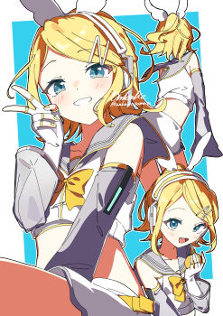  1girl ankaketomato aqua_eyes arm_support arm_warmers bare_shoulders belt blonde_hair blue_eyes blush bow bowtie claw_pose commentary_request crop_top detached_sleeves fang grey_sailor_collar grey_shorts grey_sleeves hair_bow hair_ornament hairclip head_tilt headphones headset highres kagamine_rin kagamine_rin_(nt) looking_at_viewer midriff nail_polish navel number_tattoo open_mouth piapro_studio ponytail sailor_collar shirt short_hair short_ponytail short_shorts shorts shoulder_tattoo sitting skin_fang sleeveless sleeveless_shirt smile solo swept_bangs tattoo vocaloid white_background white_bow white_shirt white_shorts yellow_nails 