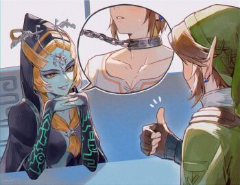  1boy 1girl black_skin blonde_hair blue_skin chain colored_sclera colored_skin eyeshadow front_ponytail green_tunic grey_skin link makeup midna midna_(true) multicolored_skin nintendo orange_hair pointy_ears purple_eyeshadow purple_lips rain_rkgk speech_bubble the_legend_of_zelda the_legend_of_zelda:_twilight_princess thought_bubble tunic two-tone_skin yellow_sclera 