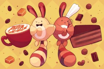  :3 alternate_color argyle_background bow bowtie cake cake_slice chef_hat chocolate coffee coffee_beans commentary cup food gen_2_pokemon hat heart mug nintendo no_humans one_eye_closed open_mouth pokemon pokemon_(creature) sentret shiny_and_normal shiny_pokemon smile su_(sajo_su5) symbol-only_commentary traditional_bowtie whisk yellow_background 