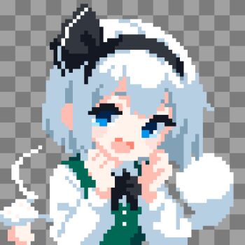  1girl black_hairband blue_eyes checkered_background commentary_request ghost grey_background grey_hair hairband highres konpaku_youmu konpaku_youmu_(ghost) long_sleeves looking_at_viewer mushroom open_mouth pixel_art short_hair solo takeez3 touhou upper_body 