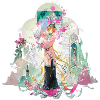  1girl aoqun aqua_flower aqua_shirt architecture arknights black_skirt blonde_hair bug butterfly butterfly_hair_ornament chinese_clothes closed_mouth cone_hair_bun demon_girl demon_horns dragon east_asian_architecture eastern_dragon fire floral_print flower full_body gem hair_bun hair_flower hair_ornament hairband hand_fan hanfu highres holding holding_fan horin_(horin_xi) horns huadian insect light_smile long_hair long_sidelocks long_skirt looking_to_the_side mandarin_collar moon_phases mountain official_alternate_costume official_art on_water orange_eyes paper_fan parted_bangs petals philae_(an_opera_of_flowers)_(arknights) philae_(arknights) pink_flower pink_hairband pink_robe pink_water pleated_skirt red_gem robe shirt sidelocks skirt solo standing tachi-e third-party_source transparent_background tree vase very_long_hair very_long_sidelocks wide_sleeves 