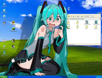  1girl aqua_eyes aqua_hair aqua_necktie arm_support arm_tattoo artist_name audacity bare_shoulders between_breasts black_boots black_nails black_skirt black_sleeves bliss_(image) blush body_markings boots breasts clock cloud collared_shirt cursor desktop_(computing) detached_sleeves embarrassed english_text erection f.e.a.r. fellatio female_focus flying_sweatdrops folder from_side full_body german_text grass grey_shirt hair_between_eyes hair_ornament half-life half-life_(series) half-life_3 hatsune_miku headset hetero highres hill icon_(computing) legs logitech long_hair long_twintails looking_at_viewer looking_to_the_side max_payne_(series) medium_breasts microsoft_windows minecraft miniskirt multicolored_boots multiple_views necktie necktie_between_breasts number_tattoo open_mouth oral penis photo_background pointing pointing_at_self pornography recycle_bin seiza shadow shirt sitting skirt sky sleeveless sleeveless_shirt snegovski solo sweat taskbar tattoo thigh_boots thighhighs tie_clip time_paradox twintails two-tone_boots very_long_hair vocaloid watermark webcam wide_sleeves window_(computing) windows_logo windows_xp zettai_ryouiki 