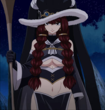  1girl breasts fairy_tail fur-trimmed_headwear fur_trim hat highres irene_belserion large_breasts long_hair midriff mature_female navel red_hair revealing_clothes underboob  rating:Questionable score:43 user:redblue99