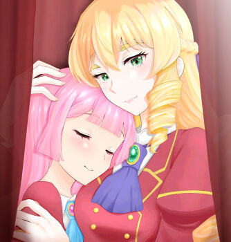  2girls akuyaku_reijou_tensei_ojisan anna_doll ascot blue_ascot blush breasts closed_eyes closed_mouth drill_hair grace_auvergne green_eyes hair_between_eyes hand_on_another's_head hand_on_another's_shoulder hug jacket juliet_sleeves large_breasts lips long_hair long_sleeves looking_at_viewer minori-tei multiple_girls pink_hair puffy_sleeves purple_ascot red_jacket school_uniform smile upper_body very_long_hair yuri 