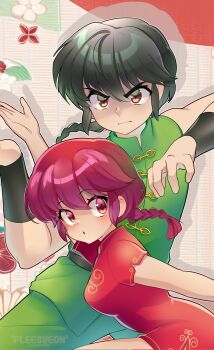  1boy 1girl artist_name black_hair bracer braid breasts brown_eyes china_dress chinese_clothes commentary dress english_commentary fighting_stance fleesveon furrowed_brow genderswap genderswap_(ftm) green_pants green_shirt hair_between_eyes highres medium_breasts pants ranma-chan ranma_1/2 red_dress red_eyes red_hair saotome_ranma shirt short_sleeves single_braid sleeveless sleeveless_shirt upper_body 