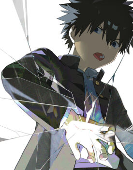  a_certain_high_school_uniform black_hair black_jacket blue_eyes highres hood hoodie imagine_breaker jacket kamijou_touma non-web_source school_uniform white_hoodie 