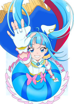 1girl :d absurdres ahoge arm_up asymmetrical_bangs blue_background blue_cape blue_dress blue_eyes border bow breasts brooch cape colored_petticoat commentary cure_sky cut_bangs detached_sleeves diagonal_bangs dress dress_bow earclip fingerless_gloves floating_cape floating_hair fringe-trimmed_cape fringe_trim from_above gloves hair_ornament highres hirogaru_sky!_precure jewelry long_hair looking_at_viewer looking_up magical_girl medium_breasts morishita_(moricuremori) multicolored_hair open_mouth petticoat pink_bow pink_hair precure puffy_detached_sleeves puffy_sleeves reaching reaching_towards_viewer red_cape single_hair_streak single_sidelock sleeveless sleeveless_dress smile solo sora_harewataru streaked_hair twintails two-sided_cape two-sided_fabric two-tone_dress two-tone_hair very_long_hair white_border white_dress white_gloves wing_brooch wing_hair_ornament 
